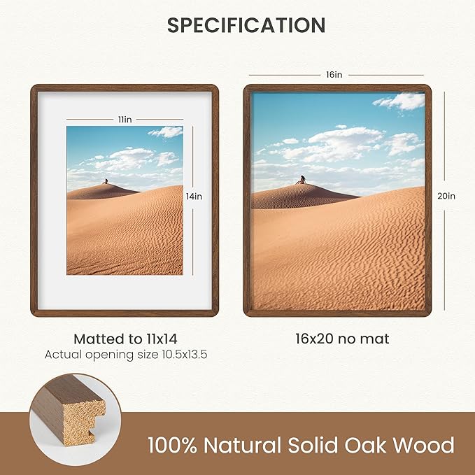 16x20 Picture Frame, Natural Oak Wood Photo Frame with Mat for 11x14, Round Corner 16 x 20 Matted Picture Frames with Resistant Plexiglass for Wall Mounting or Tabletop, Walnut Color, Set of 1