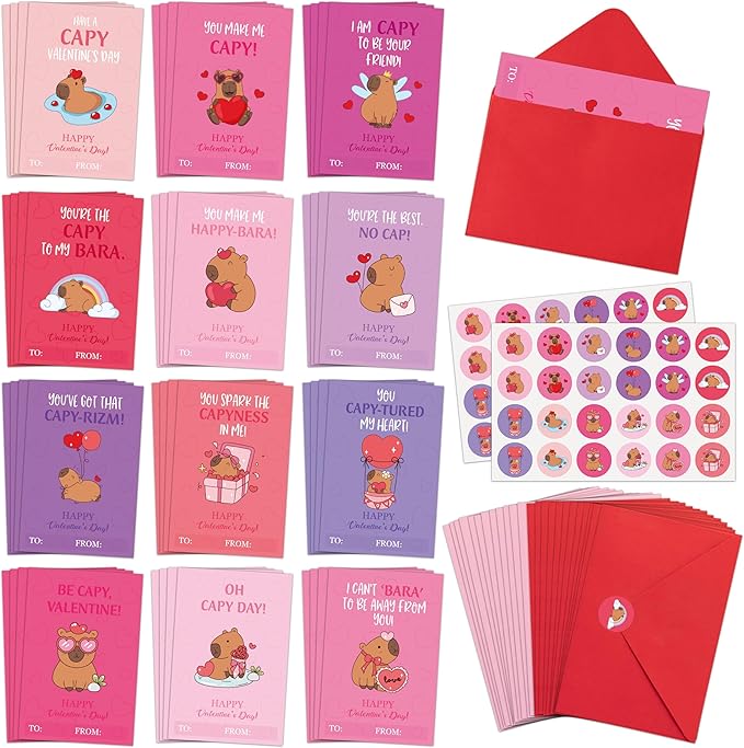 TICIAGA 144pcs Valentine's Day Capybara Greeting Card with Envelop and Stickers for Kids, Fun Animal Notecard Gift Cards for Boys and Girls School Classroom Exchange, Valentines Capybara Party Favors