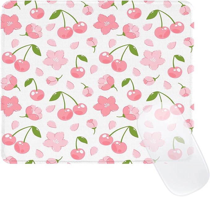 Cute Cherries Mouse Pad,Waterproof Aesthetics Flower Mouse Pads Design, Non-Slip Rubber Base Computer Simple Funny Mousepad,Small Mouse Mat Desk Accessories Office Supplies,Pink Cherry Floral