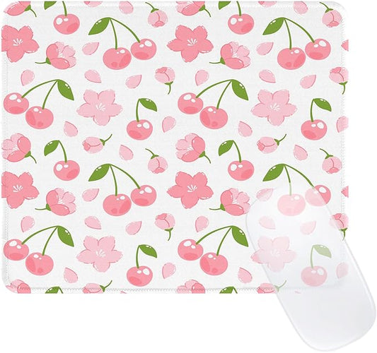 Cute Cherries Mouse Pad,Waterproof Aesthetics Flower Mouse Pads Design, Non-Slip Rubber Base Computer Simple Funny Mousepad,Small Mouse Mat Desk Accessories Office Supplies,Pink Cherry Floral