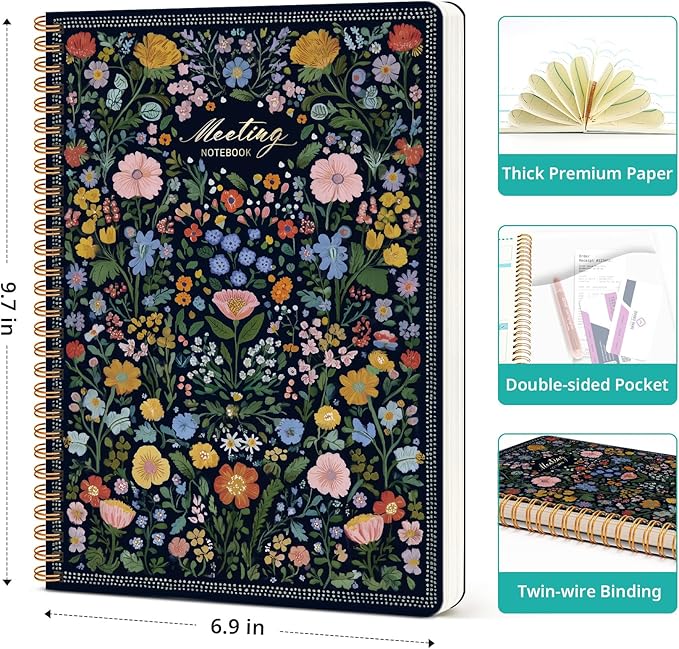 Meeting Notebook for Work Organization, Aesthetic Meeting Minutes Notebook for Work, Event Project Agenda Planner Organizer, Perfect for Office School Business Supplies, 6.9" X 9.7" - Garden of Whimsy