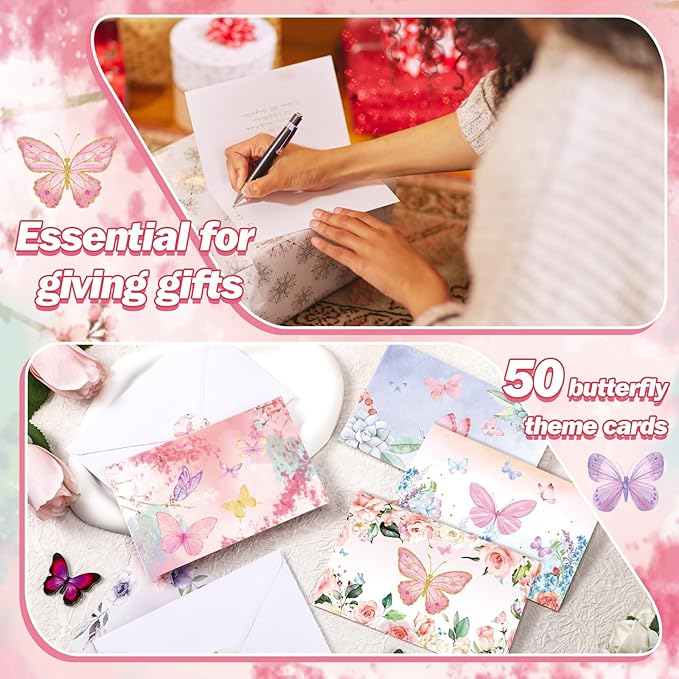 50 Pcs Blank Greeting Cards 4x6, Butterfly Design Blank Cards with Envelopes, 10 Designs, Ideal Stationary Set for All Occasions, Stationary with Matching White Envelopes and Stickers
