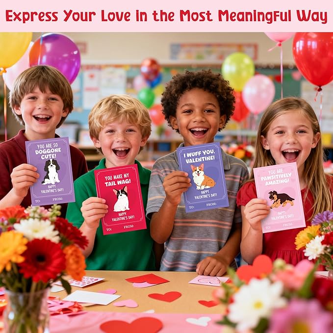 TICIAGA 144pcs Valentine's Day Cartoon Puppy Animal Greeting Card with Envelop and Stickers for Kids, Cute Dog Pet Notecard Exchange Gift for Boys and Girls School Classroom, Valentines Party Favors