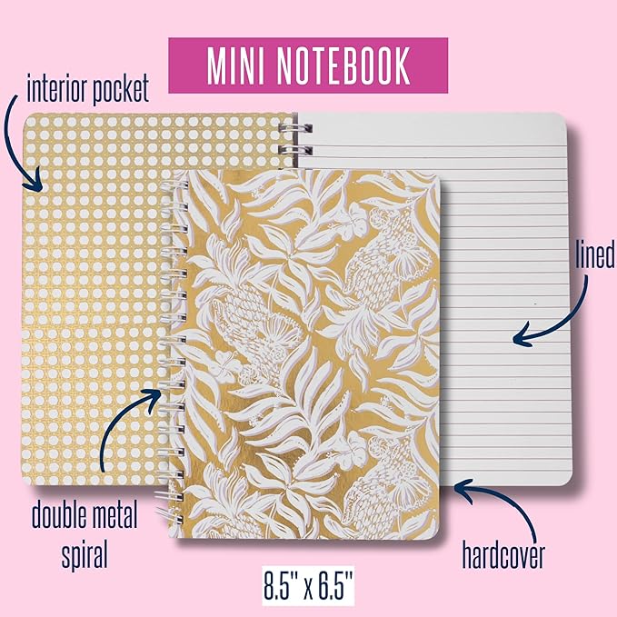 Lilly Pulitzer Hardcover Mini Spiral Notebook, 8.5" x 6.5" Small Journal with 160 College Ruled Pages, Gold Metallic Bon Vivants