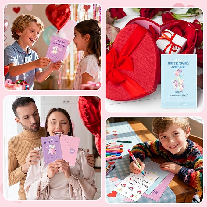 TICIAGA 72pcs Valentine's Day Unicorn Greeting Card with Envelop and Stickers for Kids, Charming Design Unicorn Notecard Gift Cards for Boys and Girls School Classroom Exchange, Valentines Party Favor
