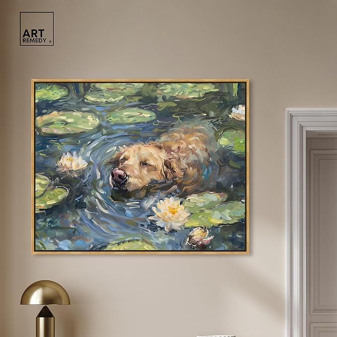 Art Remedy Monet Water Lilies Dog Rustic Chic Farmhouse Canvas Wall Art, Gold Floater Frame, 45"x36"