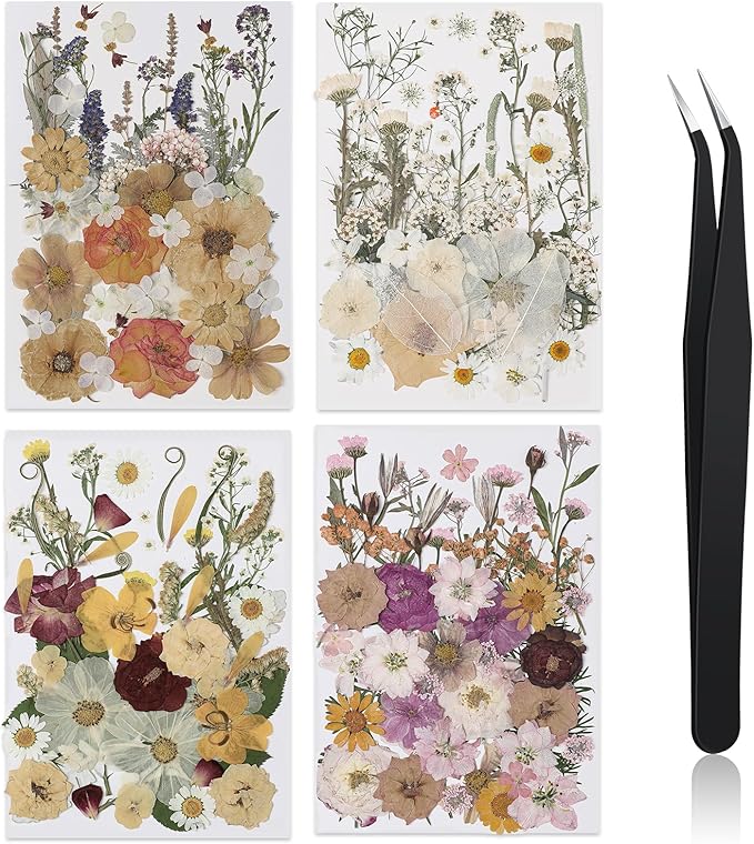 Nuanchu 200 Pcs Pressed Flowers Bulk Dried Flower for Craft Resin Mold Bookmark Scrapbooking Nail Cake White Orange Natural Pressed Dried Floral with Tweezer DIY Gift(Classic Color,Retro Style)