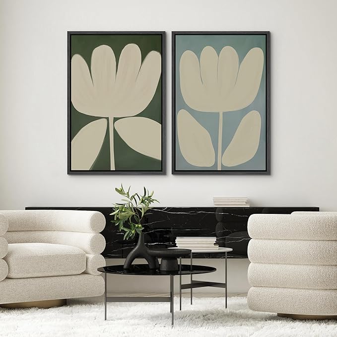 SIGNWIN Framed Canvas Print Wall Art Set Minimalist Floral Neutral Beige Flower Illustrations Modern Art Minimal Boho Colorful for Living Room, Bedroom, Office - 24"x36"x2 BLACK