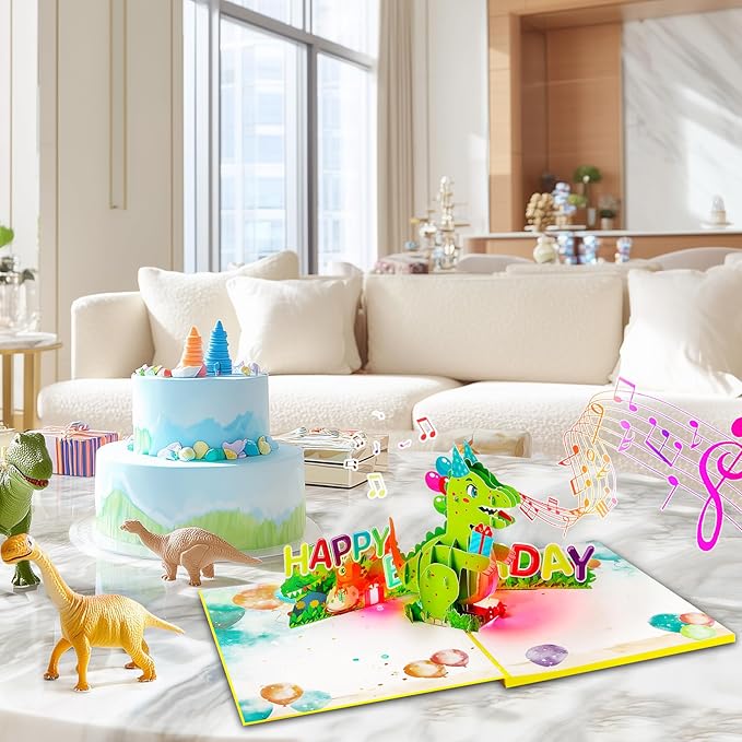 GREETING ART Dinosaur Musical Birthday Cards for Kids, Light & Music Pop Up Birthday Cards with Envelope, Dinosaur Theme Birthday Party Gifts for Son Grandson Women Men