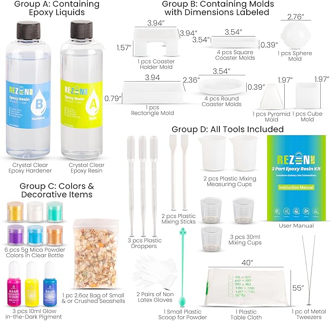 Zen247 Epoxy Resin Kit with Molds - Complete Set - Unique Resin Molds Kit with Crushed Seashells for Ornaments - Glow in The Dark Pigment