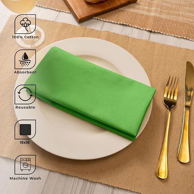 Blue Needles Solid Cloth Napkins Set of 12 Apple Green 100% Cotton Dinner Napkins 18x18 inches, Soft, Reusable, Absorbent, Washable Linen, Ideal for Christmas Events, Parties & Everyday Use