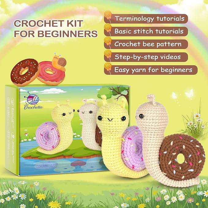 Crochetta Crochet Kit for Beginner, Crochet Starter Kit w Step-by-Step Video Tutorials, Learn to Crochet Kits for Adults, DIY Knitting Supplies, 2-Pack Snail Couple (40%+ Yarn Content)