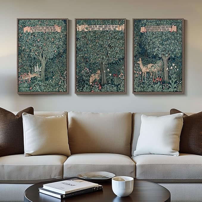 Framed William Morris Canvas Wall Art for Living Room, Large 3 Piece Vintage Green Wall Art Prints, Forest Woodland Wildlife Deer Fox Painting Wall Decor for Bedroom, Dining Room, Home Office, 16x24