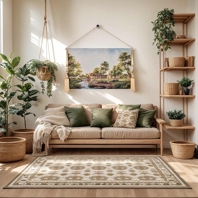 Vintage Nature Tapestry Wall Hanging Set with Telescopic Rod & Tassels - Jacquard Woven Fabric Aesthetic Country Landscape Wall Tapestry for Bedroom/Living Room Decor Green Art (42"x27") (Lush - green, idyllic village by the stream)