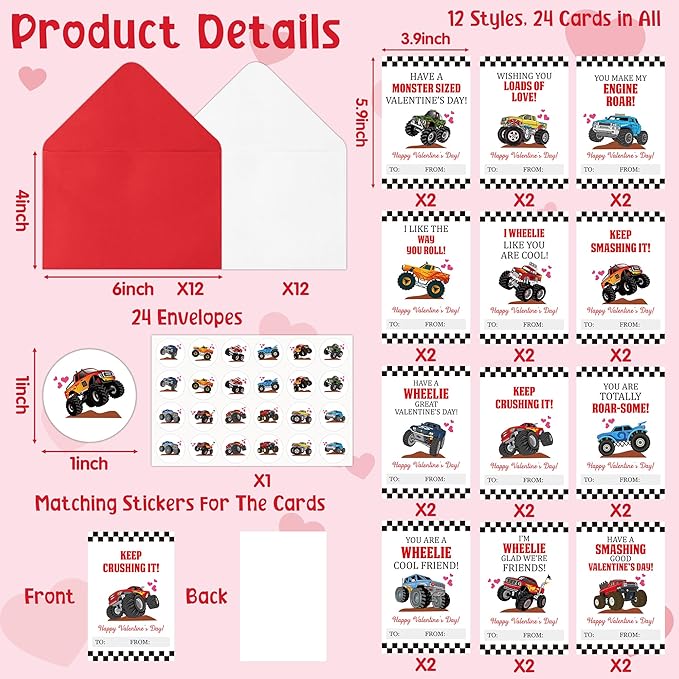 TICIAGA 72pcs Valentine’s Day Monster Truck Greeting Cards with Envelop and Sticker for Kid, 4 x 6 IN Monster Truck Notecard Exchange Gift for Boy Girl School Classroom Supply, Valentines Party Favor