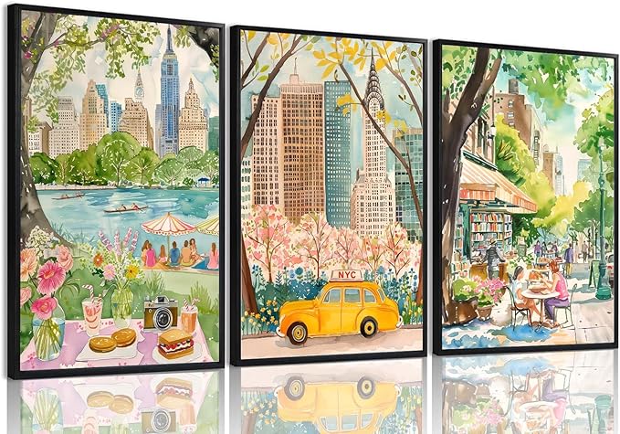 XLARTMY New York City Poster Travel Wall Art Canvas Watercolor NYC Central Park Landmarks Artwork Decor Painting Prints Pictures Set of 3 for Bedroom Living Room Bathroom Office 16x24in Unframed