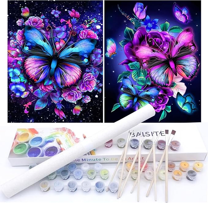 BAISITE Paint by Numbers Kit for Adults Beginners,12" Wx16 L 2 Pack Canvas for Painting Kits for Adults in Colorful Box-Butterflies 5152