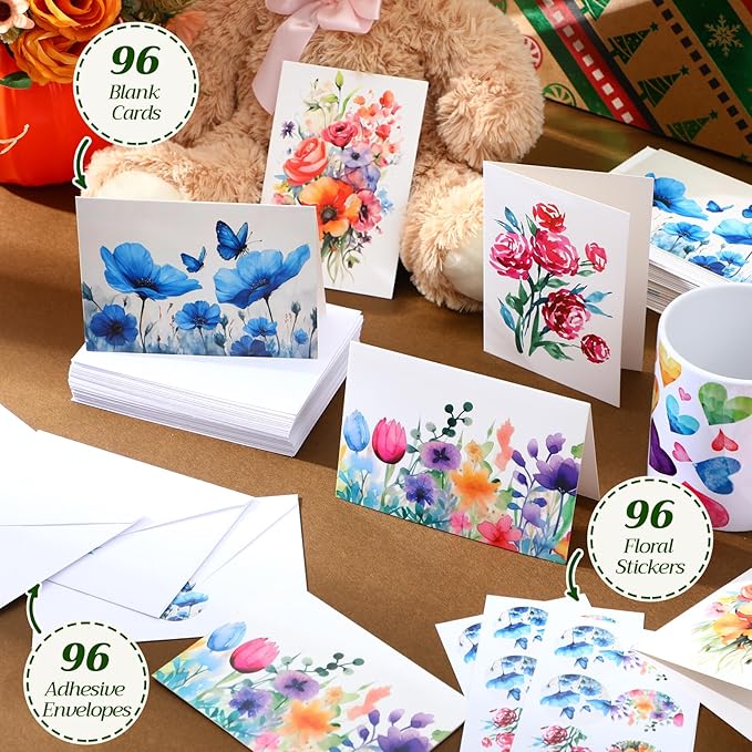 Gueevin 96 Pcs Painted Flowers Blank Cards & Notes Assortment with Envelopes and Stickers 3.5 x 5 Inch Watercolor Florals Blank Greeting Cards for Wedding, Party, Business, Invitations, Graduation