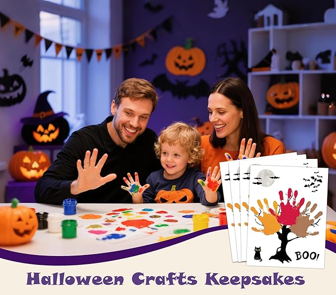 NZSXU Halloween Baby Handprint Craft Kit, Baby First Halloween, 10 Pack Black Tree Bat DIY Handprint Keepsake Gifts, DIY Newborn Hand and Foot Arts and Crafts for Nursery Decor Class Activities