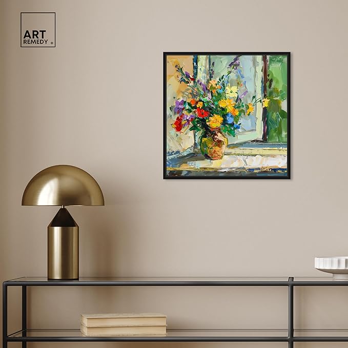 Art Remedy Vase By The Window Framed Impressionism 1 Piece Canvas Wall Art/Monet And Van Gogh Inspired Art, 17" x 17", Black Frame