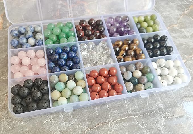 375pcs 8mm Polished Natural Stone Beads Crystals Round Genuine Real Stone Beading Loose Gemstone DIY for Bracelet Necklace Earrings(8mm,15 Color Mix-S2)