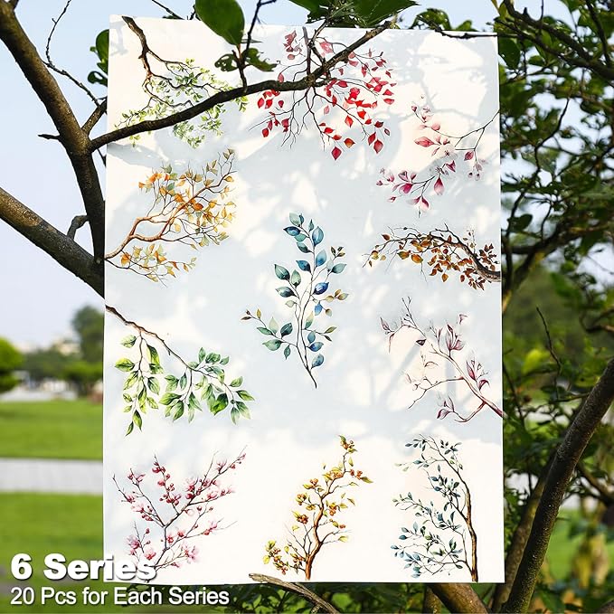 120Pcs Botanical PET Stickers, Branch and Leaf Designs for Scrapbooking Waterproof Journaling Supplies Junk Journal Ephemera with Storage Organizer