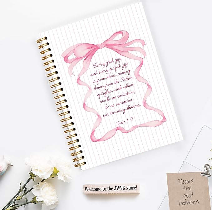 Christian Notebook, Coquette Pink Bow Bible Verse Spiral Notebook 5.5x8.3, Preppy Aesthetic Journal for Women, Coquette Office Supplies, Bible Journaling Spiral Journal
