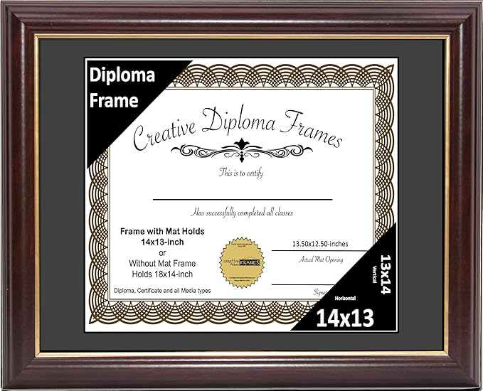 Creative Picture Frames 14x13 Mahogany Gold Rim Diploma Frame with Black Mat Glass and Installed Wall Hangers | Frame Holds 14x18 Media without Mat