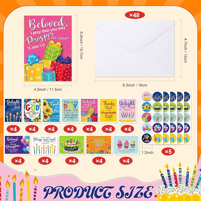 48 Pack Religious Christian Birthday Cards Bulk with Scripture Assorted Bible Verse 4.5 x 6.2 Inch Christian Blessings Birthday Greeting Cards with Envelopes and Stickers(Classic Style)