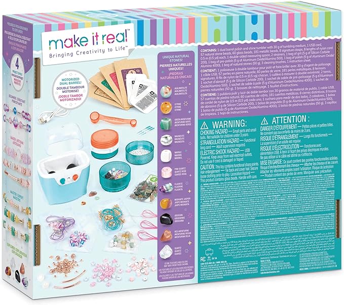 Make It Real: Rock Tumbler & Polish-Shine Bead Tumbler – 327pc Jewelry Craft Kit, Natural Stone Polishing Machine, Create 8 Bead Bracelets, Tweens-Girls-Kids 8+