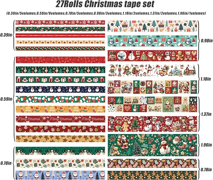 27 Rolls Christmas Washi Tape, Aesthetic Colored Decorative Cute Scrapbook Tape for Scrapbooking Supplies Journaling Craft Junk Journal