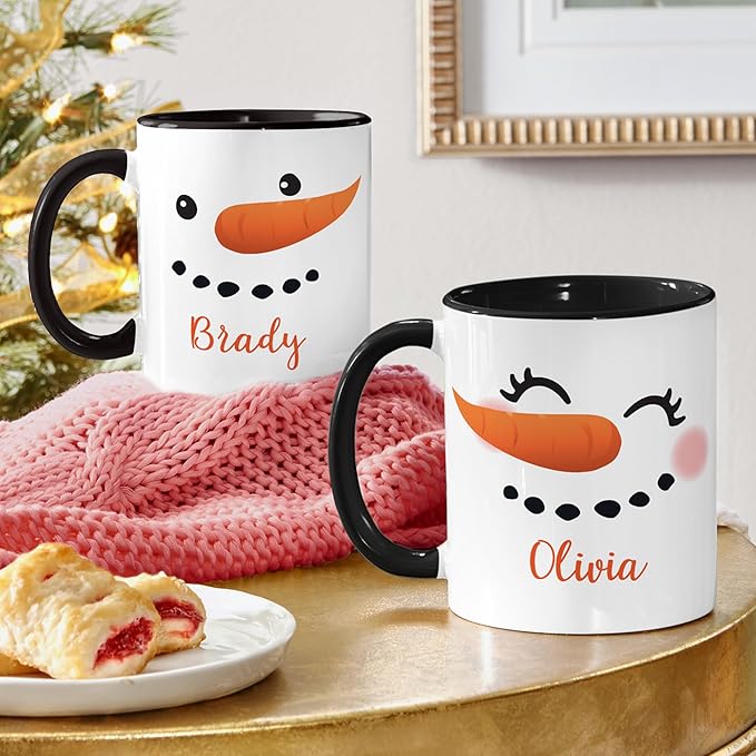 Let's Make Memories Personalized Couples Christmas Snowman Mugs - Christmas Holiday Stocking Stuffer - Set of 2-11 oz. - Black Handle