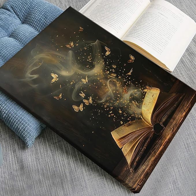 Whimsical Enchanted Open Book Wall Art Vintage Golden Butterflies Aesthetic Poster Print Funny Mystical Smoke Canvas Picture Decor for Office Bedroom Living Room Apartment 20x30inch Framed