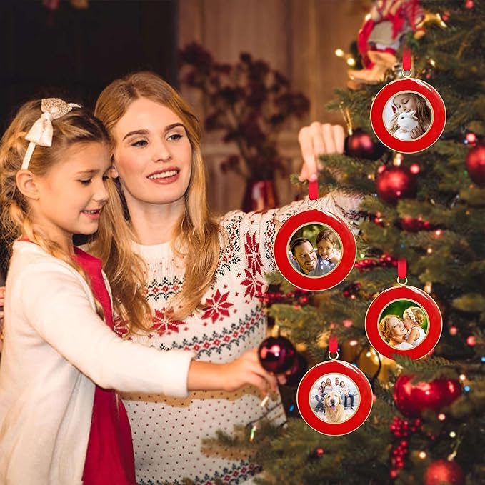 Christmas Picture Frame Ornaments - Set of 4 Red 2.5x2.5 Inch Mini Frames with Red Ribbon, Metal Photo Frames for Christmas Tree Decorations, Holiday Gift for Family & Friends