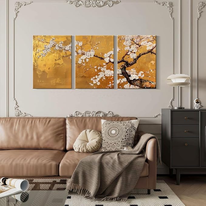 3 Pcs Framed Japanese Golden Plum Blossom Flower Wall Art Decor Canvas Print Picture Traditional Woodblock Print Style Farmhouse Poster Gallery Bedroom Living Room Office 16x24 Inch Ready to Hang