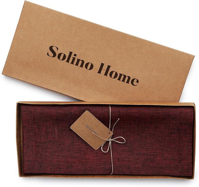 Solino Home Linen Table Runner 132 Inches Long - Athena, 100% Pure Linen Red Garnet 14 x 132 Inch Table Runner for Dining, Winter, Valentines
