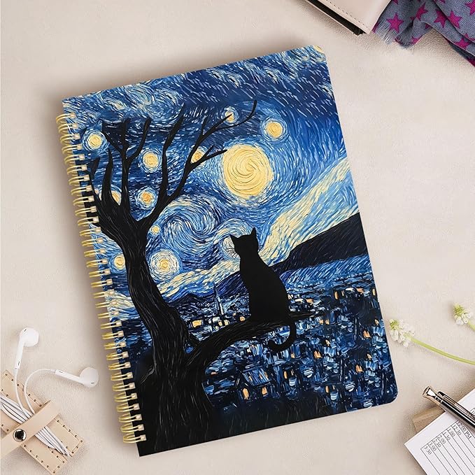 Cute Spiral Notebook journal A4 Aesthetic Pretty Design for Women Girls Kawaii with Pocket, 8.5 x 11 inch, Graph, Cat Galaxy