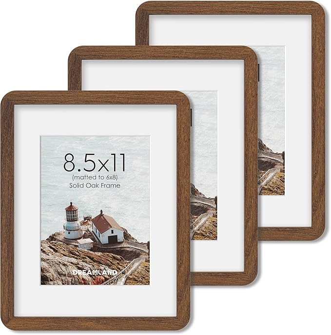 Dreamland 8.5x11 Picture Frame Set of 3, Solid Oak Wood Photo Frame with Mat for 6x8, Round Corner 8.5 x 11 Matted Picture Frames with Resistant Plexiglass for Wall Mounting or Tabletop, Walnut Color