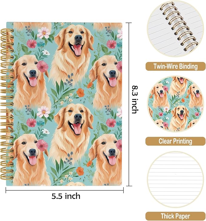 Cute Dog Golden Retriever Floral Journal Notebook - Puppies Dog Flower Notebooks College Ruled for Work School, Gifts for Dog Mom Dog Lover, Office Supplies, Hardcover Spiral Notebook 5.5"x8.3"