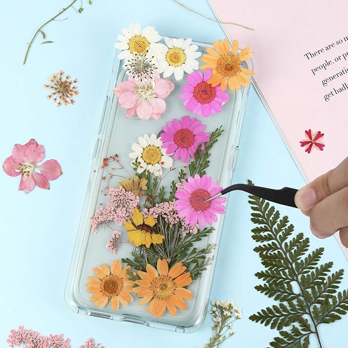 Nuanchu Pressed Flowers for Crafts Resin Dried Flower Bulk White Natural Dried Wildflowers Daisy with Tweezer for Resin Mold Candles Cake DIY Christmas Craft Card Making Wedding Scrapbooking Supplies