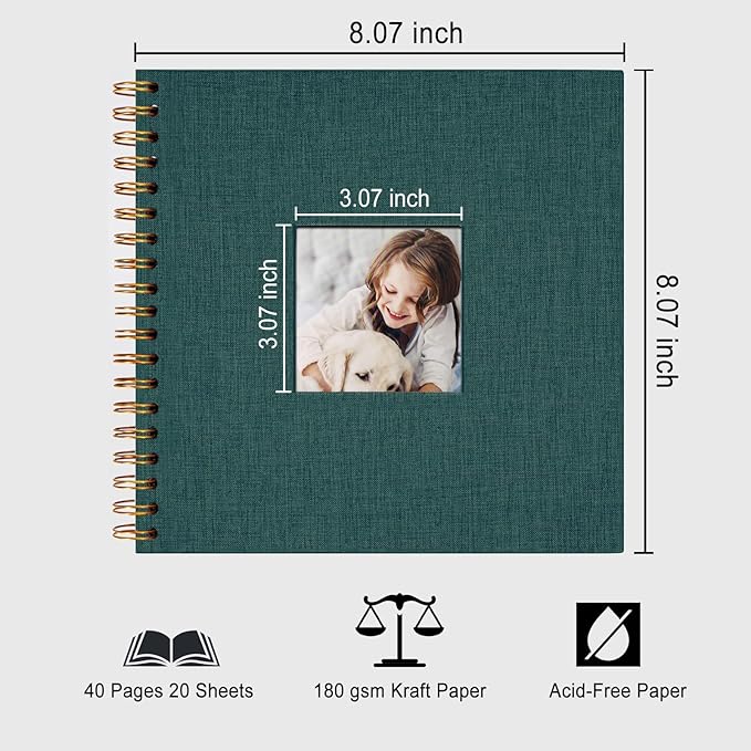 8 x 8 Inch Scrapbook Photo Album, DIY Memory Book Linen Cover for Photos, Hardcover Kraft White Pages Scrap Book Photo Albums for Travel, Wedding Anniversary Family Christmas Baby 40 Pages, Green