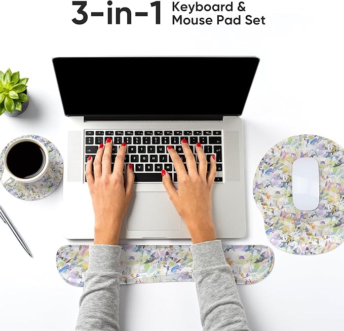 RRICHEN Mouse Pad with Wrist Rest, 3-in-1 Computer Mouse Pads, Keyboard Wrist Rest and Coaster Set, Non-Slip Keyboard Wrist Rest and Mouse Pad Set Ergonomic Design (YKMWR-57)