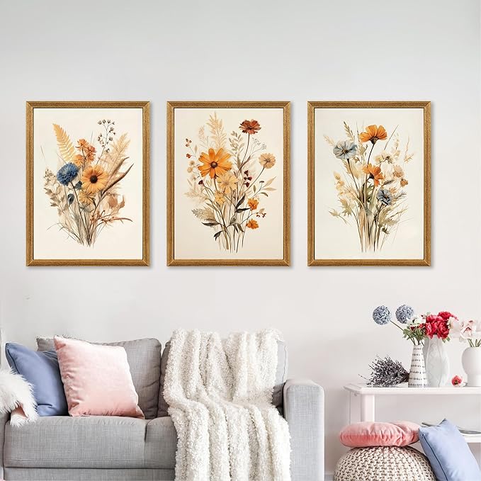 Framed Vintage Wildflower Canvas Wall Art Set of 3 Floral Country Farmhouse Watercolor Flowers Prints Rustic Wood Frame Botanical Artwork Poster for Bedroom Living Room Girls Room Decoration 16" x 24"