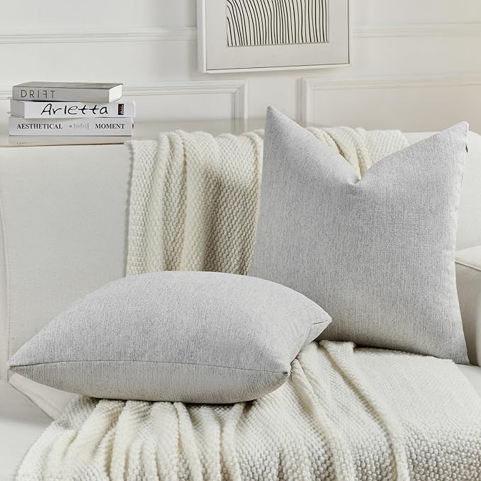 FUTEI Light Grey Chenille Decorative Throw Pillow Covers 24x24 Inch Set of 2,Soft Cozy Faux Linen Textured European Pillow Shams,Farmhouse Home Decor for Couch Living Room