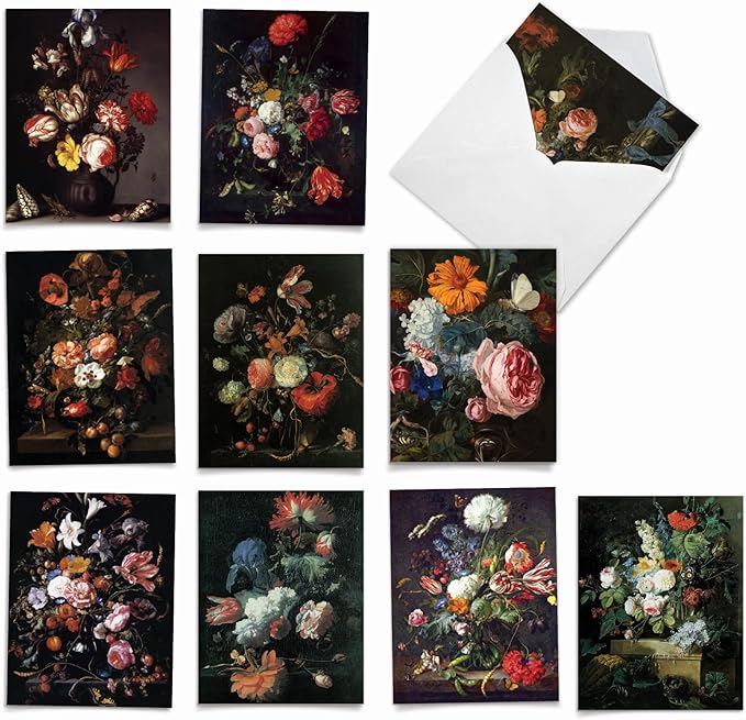 The Best Card Company - 10 Boxed Note Cards with Flowers - Blank Assorted Floral Notecards Bulk (4 x 5.12 Inch) - Baroque Blooms M10020BK