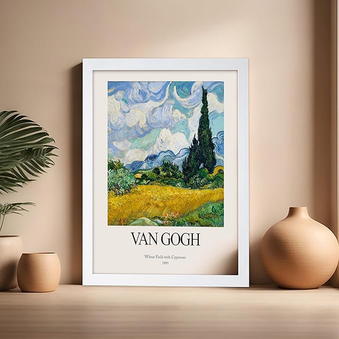 Monem Art Vintage Van Gogh Poster - Retro Impressionist Print - Wheat Field With Cypresses, Trees, Sky, Landscape - Gift for Artist, Friend - Wall Decor for Home, Office, 16x20 White Framed