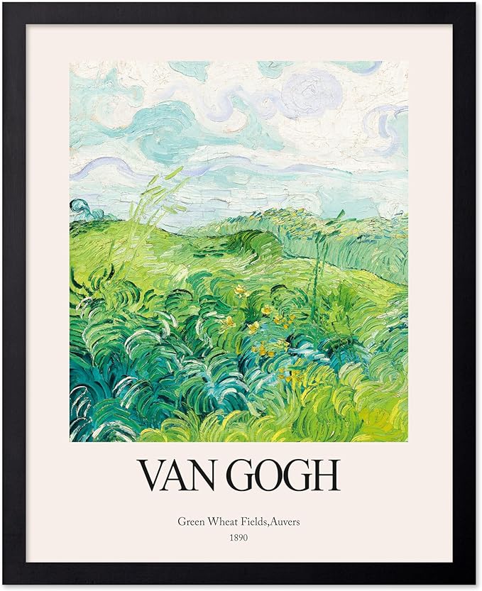 Monem Art Vintage Van Gogh Poster - Retro Impressionist Print - Green Wheat Fields, Auvers, Sky, Leaves, Landscape - Gift for Artist, Friend - Wall Decor for Home, Office, 16x20 Black Framed