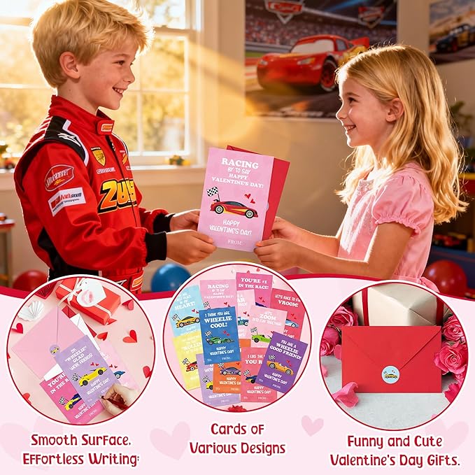 TICIAGA 144pcs Valentine’s Day Racing Car Greeting Cards with Envelop and Sticker for Kid, 4 x 6 IN Adorable Race Car Notecard Exchange Gift for Boy Girl School Classroom Supply, Valentines Party Favor