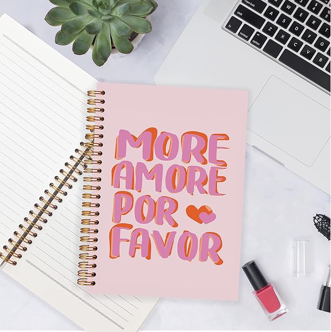 Preppy Pink Notebook, Trendy Girly Notebooks for Note Taking, MORE AMORE POR FAVOR Inspirational Journal for Women, Aesthetic Journal Spiral Notebook 5.5x8.3 Inch