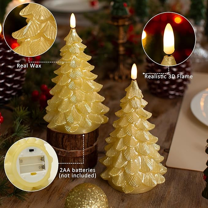 Flameless Candles with Remote Timer, 2 Pack Christmas Tree Candles Battery Operated LED Candles Real Wax Holiday Christmas Decoration for Bedroom Party Festival Gift Gold